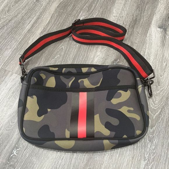 Hadley Neoprene Crossbody Camo Neoprene Fabric Black Red Crossbody Strap - Picture 1 of 8